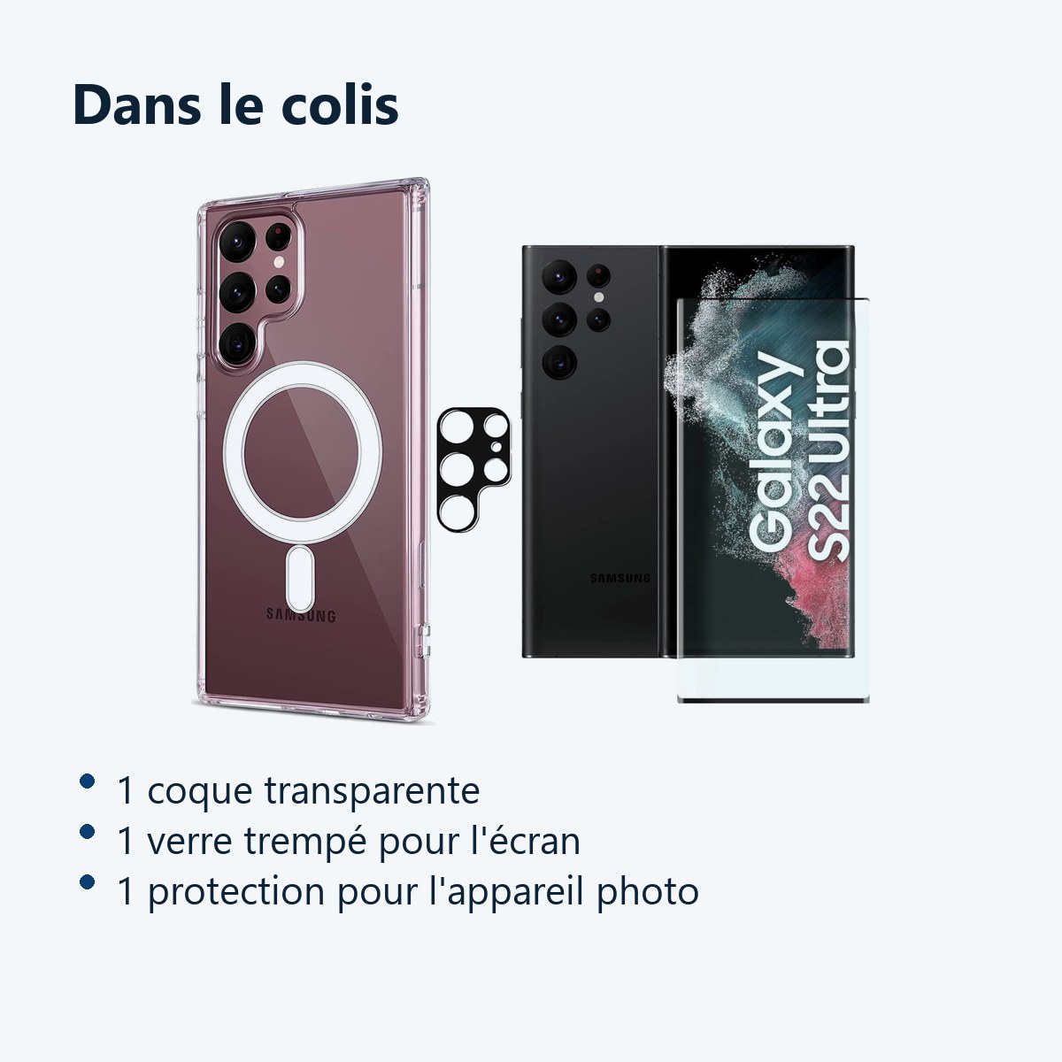 Contenu du colis – Coque Silicone Transparente Compatible Magsafe + Verre Trempes et Protection Camera Arriere Pour Samsung G