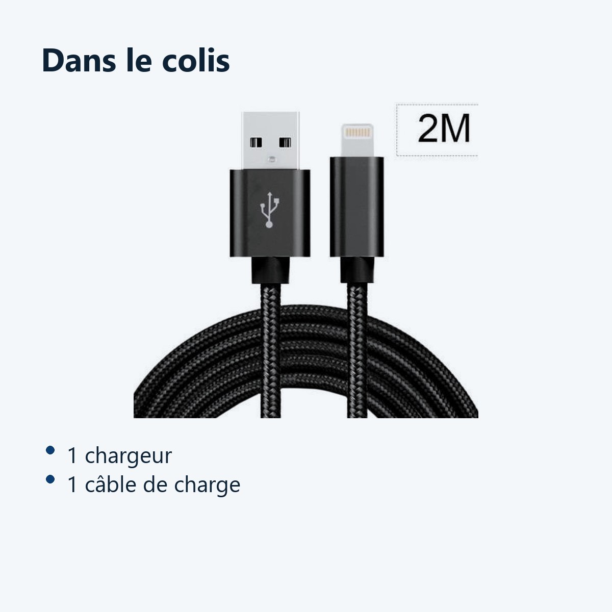 Contenu du colis – Cable Metal Nylon Renforce Chargeur USB Couleur Noir pour IPhone Longueur 2m Tréssé Compatible IPhone 5s/6