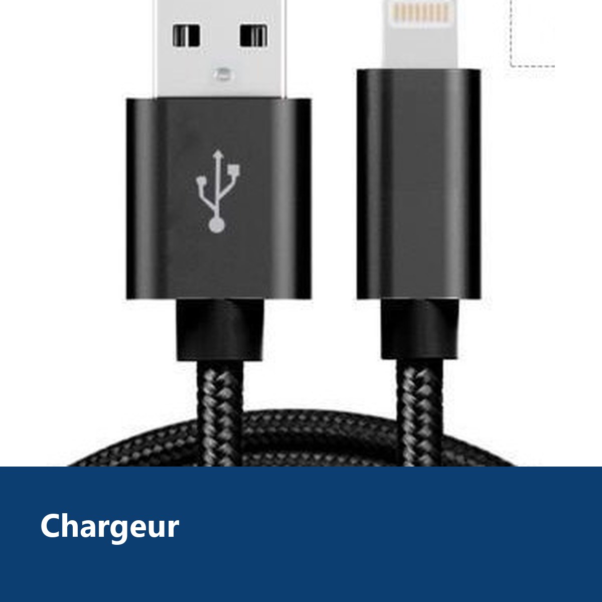 Vue de détail – Cable Metal Nylon Renforce Chargeur USB Couleur Noir pour IPhone Longueur 2m Tréssé Compatible IPhone 5s/6/6S