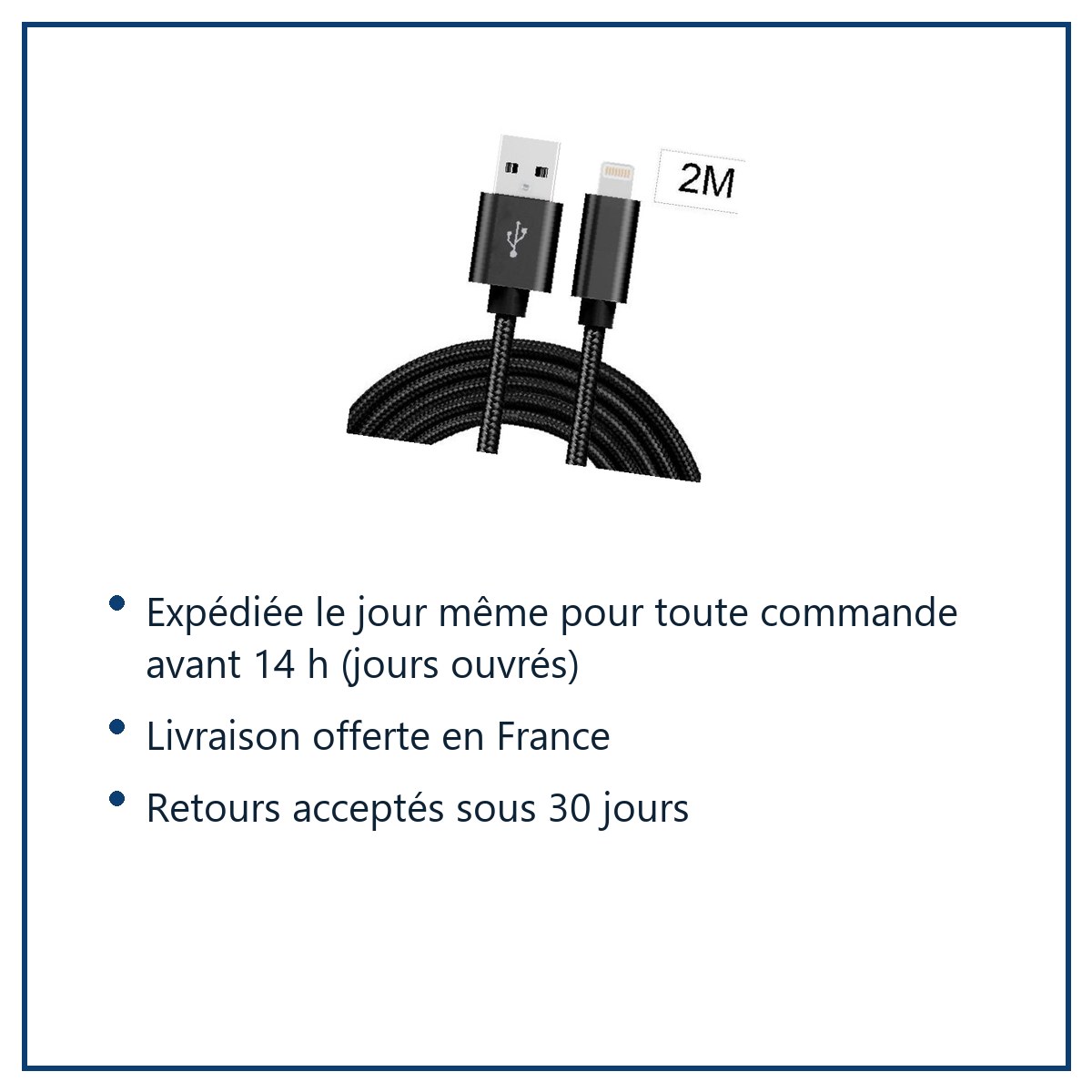 Expédition le jour même, livraison offerte, retours sous 30 jours – Cable Metal Nylon Renforce Chargeur USB Couleur Noir pour