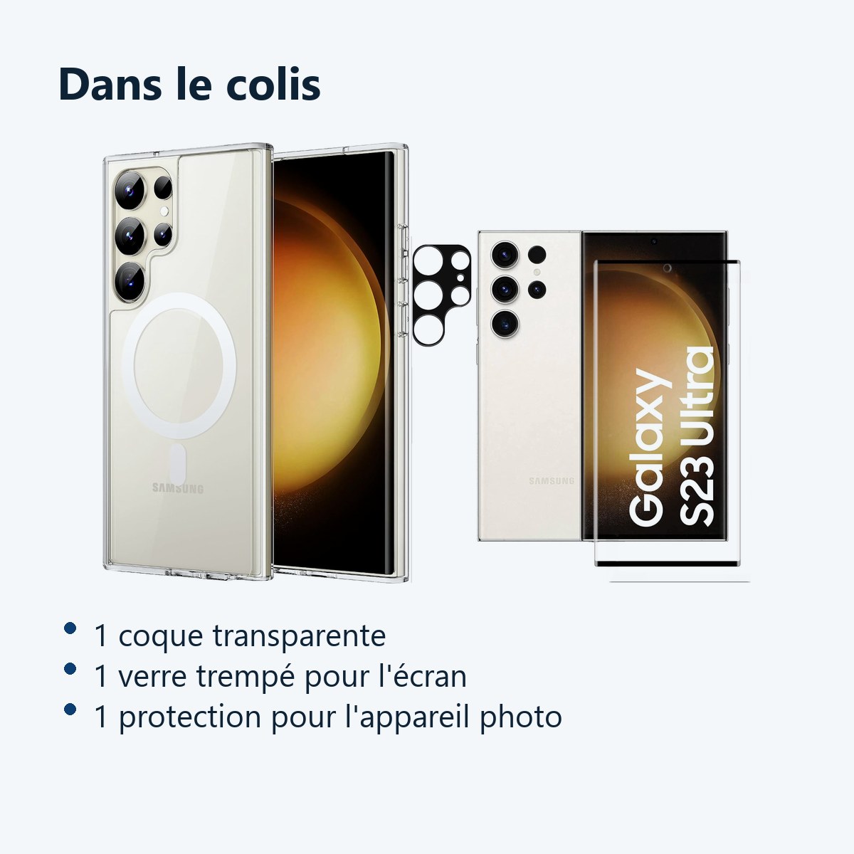 Contenu du colis – Coque Silicone Transparente Compatible Magsafe + Verre Trempes et Protection Camera Arriere Pour Samsung G