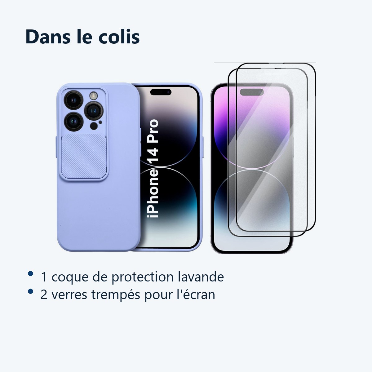 Contenu du colis – Coque Cam Slide couleur Lavande + 2 Verres Trempes Pour iPhone 14 Pro