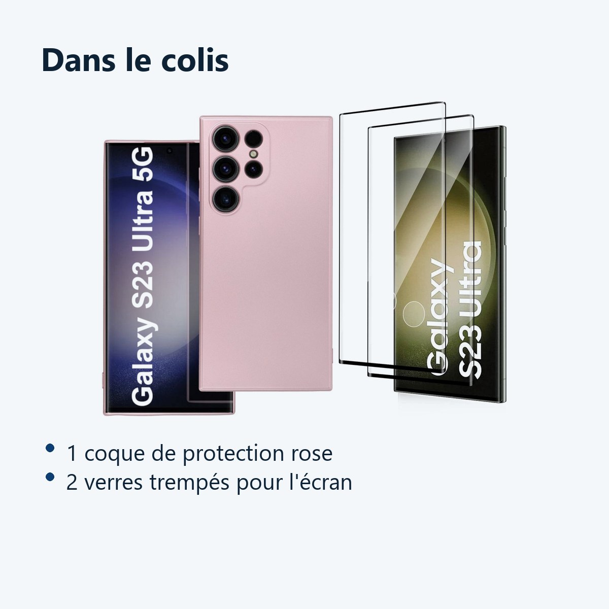 Contenu du colis – Coque Metal couleur Rose + 2 Verres Trempes Pour Samsung Galaxy S23 Ultra 5G