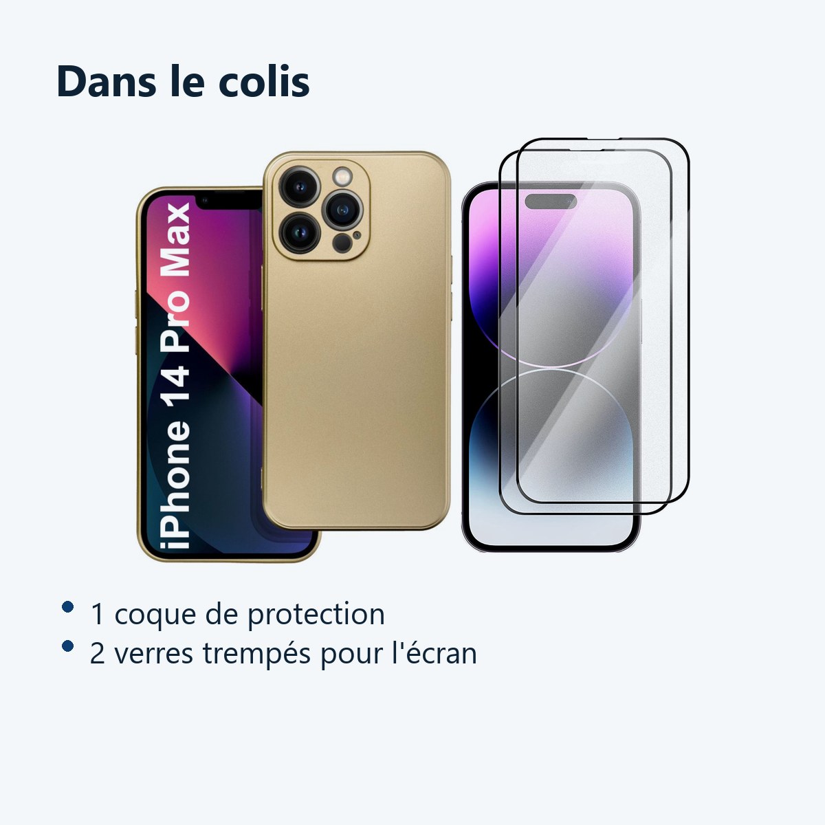 Contenu du colis – Coque Metal couleur Or + 2 Verres Trempes Pour iPhone 14 Pro Max