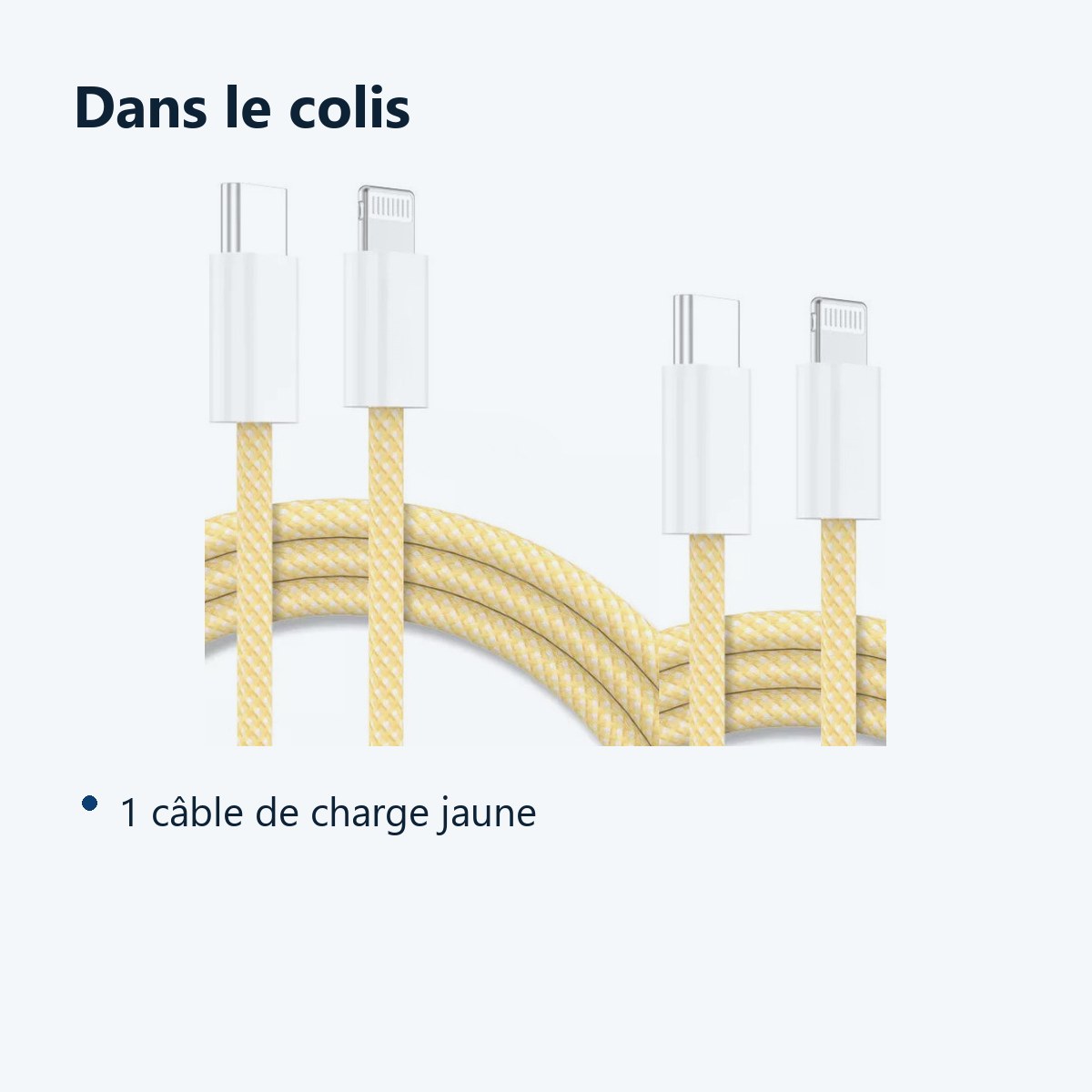 Contenu du colis – Cables X2 Type-C Charge Rapide 3A Nylon Renforce Jaune 1m Pour iPhone 8 / X / XR / 11 / 12 / 13 / SE 2022