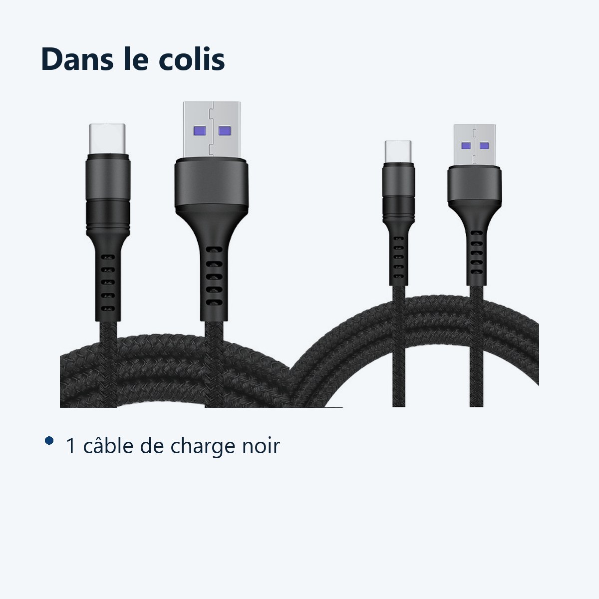 Contenu du colis – Cables X2 USB / Type-C Charge Rapide 3A Nylon Renforce Noir 2M Pour Smartphone Xiaomi / Oppo / Vivo / Rea