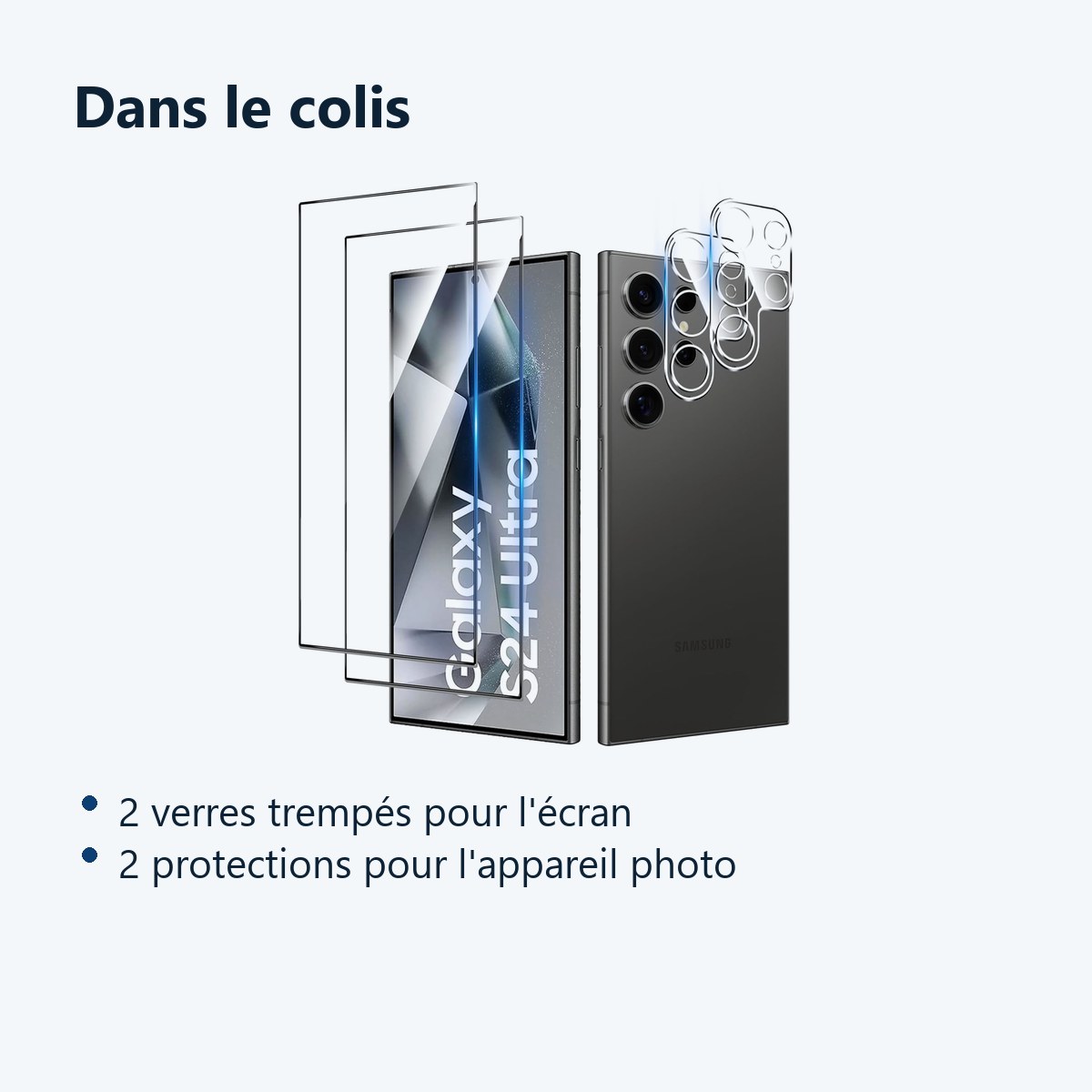 Contenu du colis – Verres Trempes et Protections Camera Arriere Transparent X2 Pour Samsung Galaxy S24 Ultra
