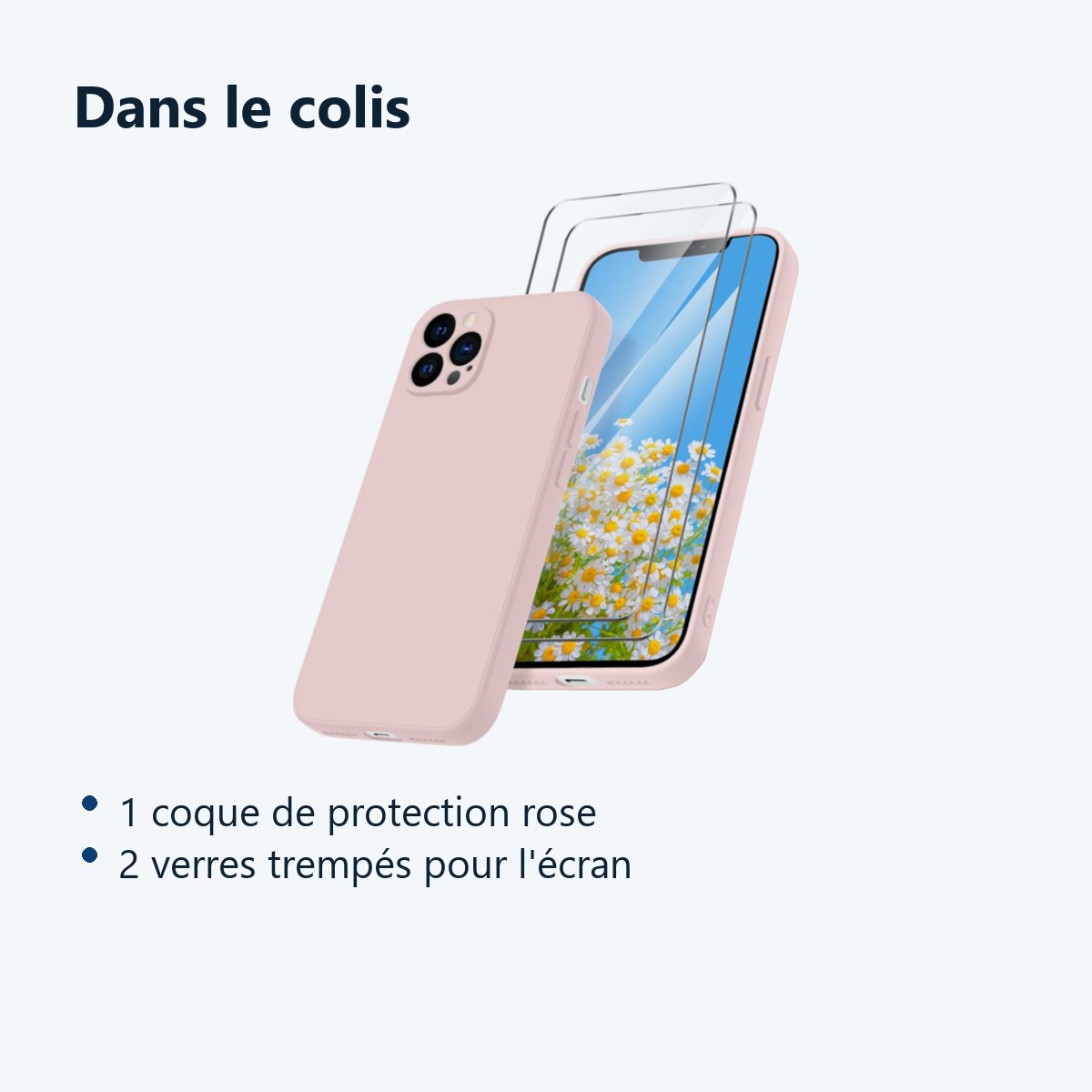 Contenu du colis – Coque Rose pour iPhone 12 Pro Max (6,7 pouces) et 2 Verres Trempé Film Protection Ecran