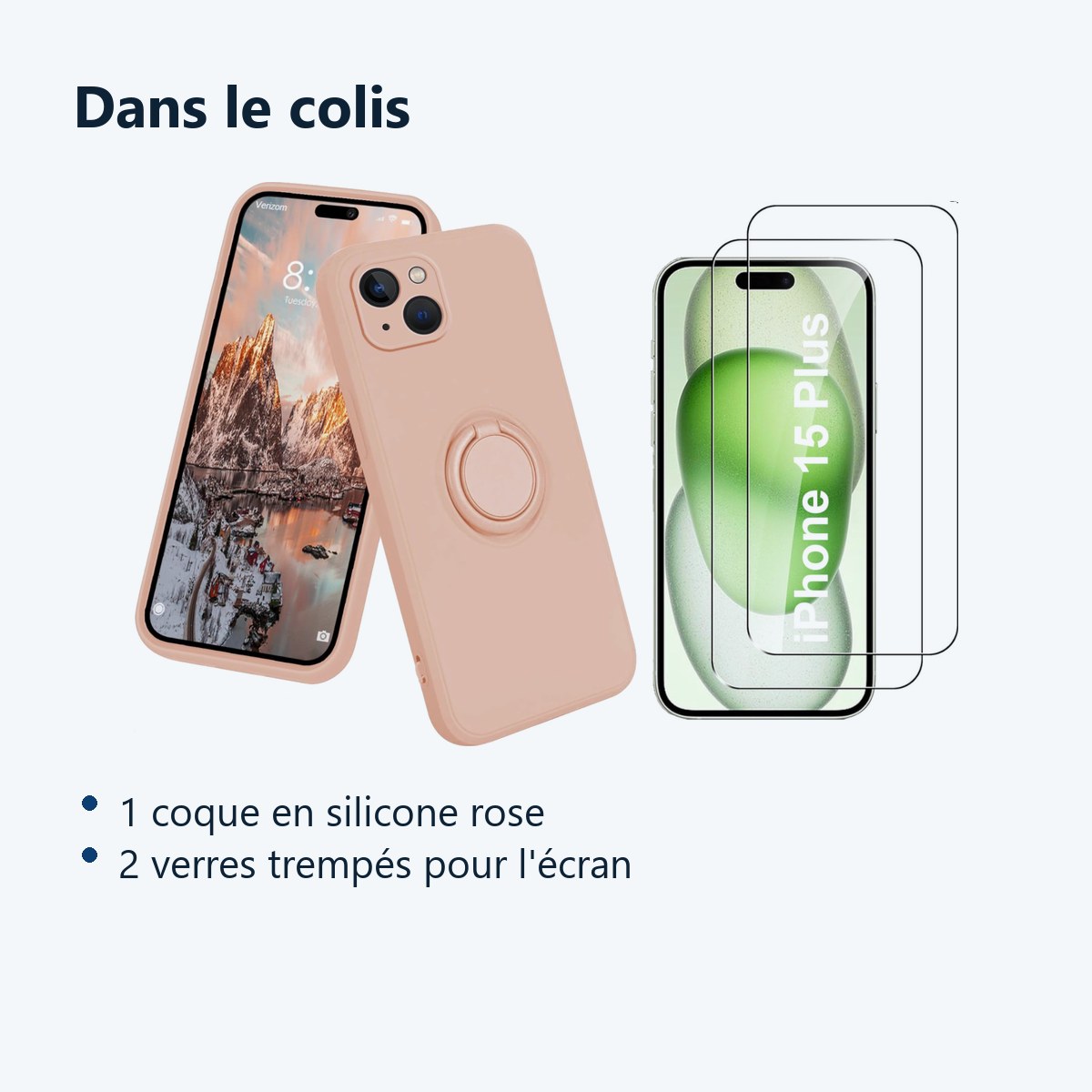 Contenu du colis – Coque Silicone Pour iPhone 15 Plus Couleur Rose Avec Anneau Support + 2 Verres Trempe Protection Ecran