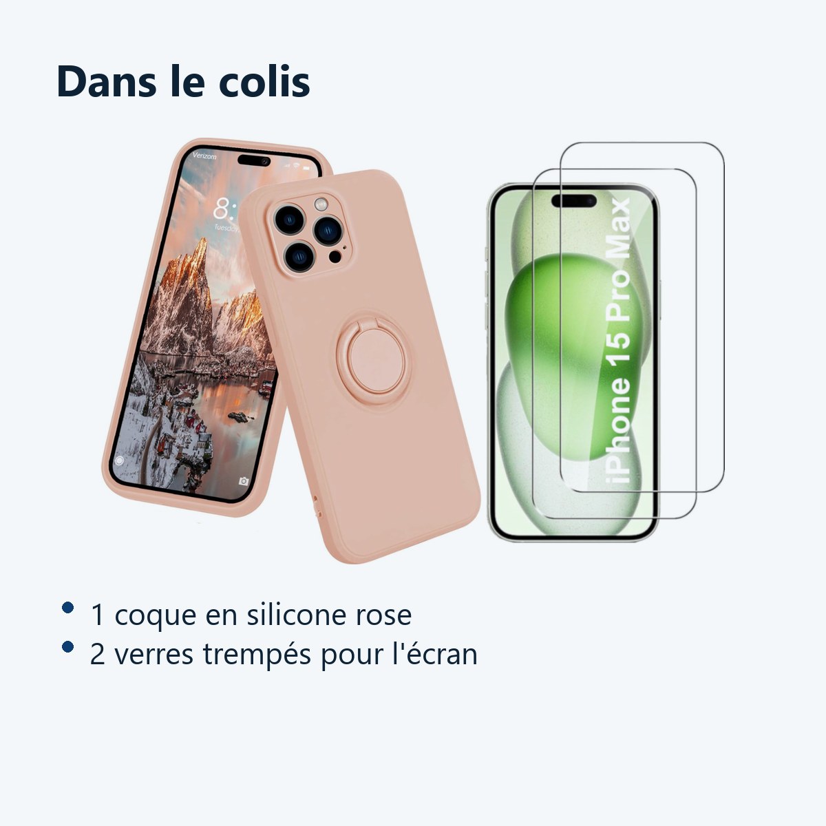 Contenu du colis – Coque Silicone Pour iPhone 15 Pro Max Couleur Rose Avec Anneau Support + 2 Verres Trempe Protection Ecran