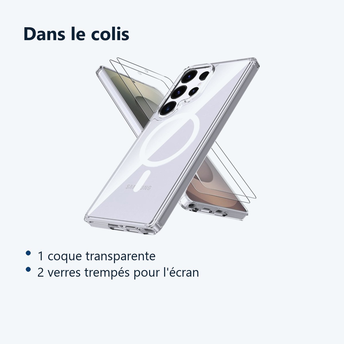 Contenu du colis – Coque Silicone Transparente Compatible Magsafe + 2 Verres Trempes Pour Samsung Galaxy S25 Ultra