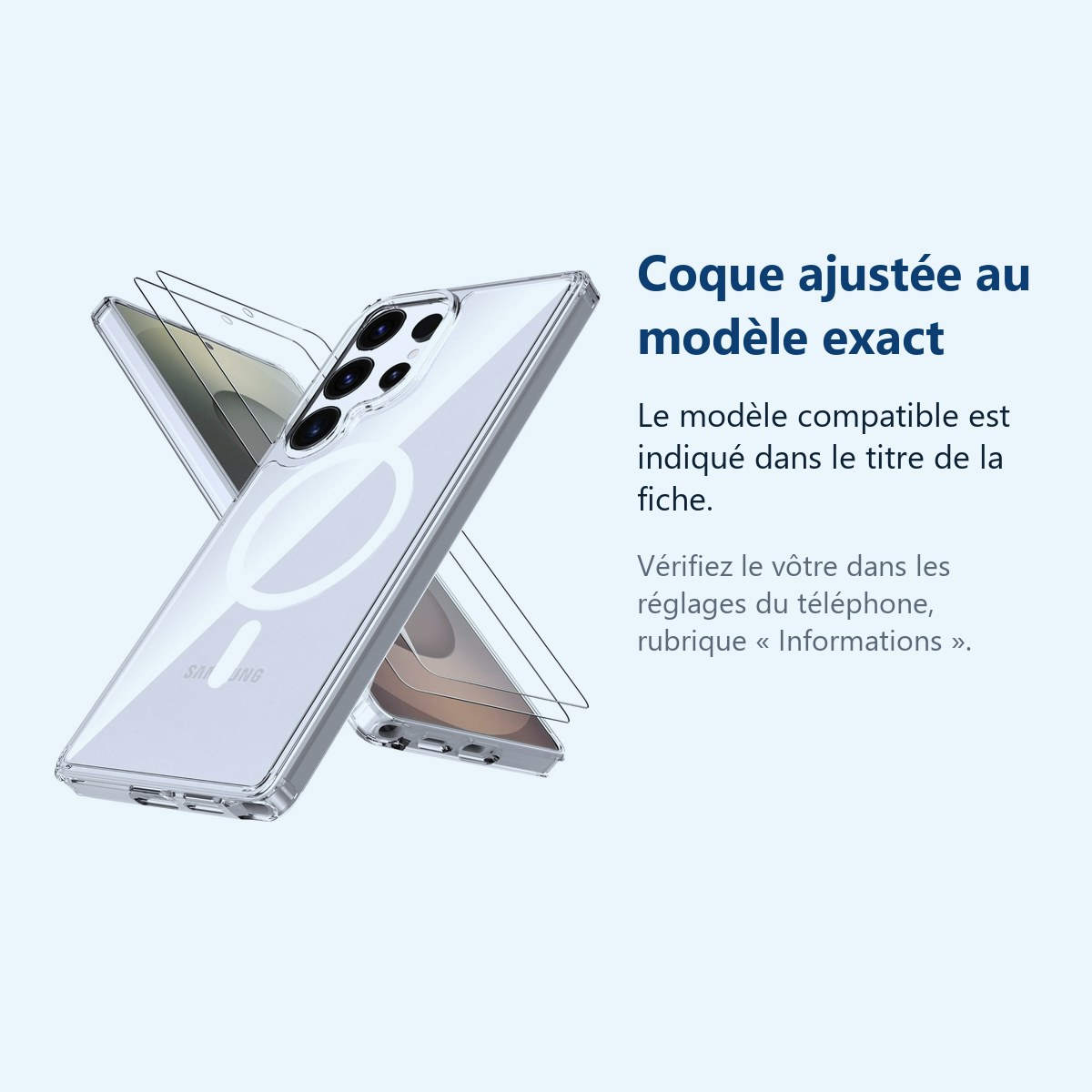 Accessoire ajusté au modèle exact – Coque Silicone Transparente Compatible Magsafe + 2 Verres Trempes Pour Samsung Galaxy S25