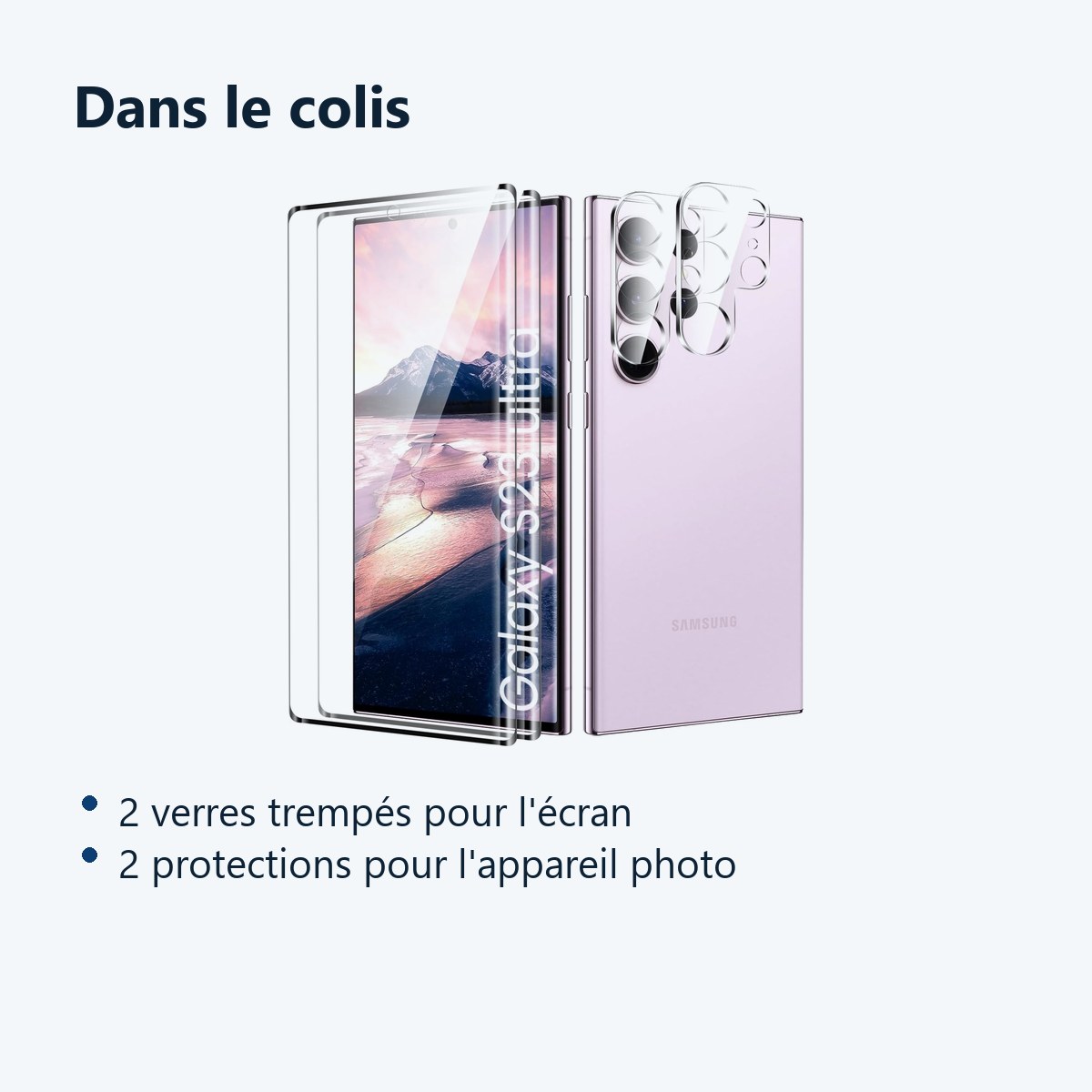 Contenu du colis – Verres Trempes et Protections Camera Arriere Transparent X2 Pour Samsung Galaxy S23 Plus
