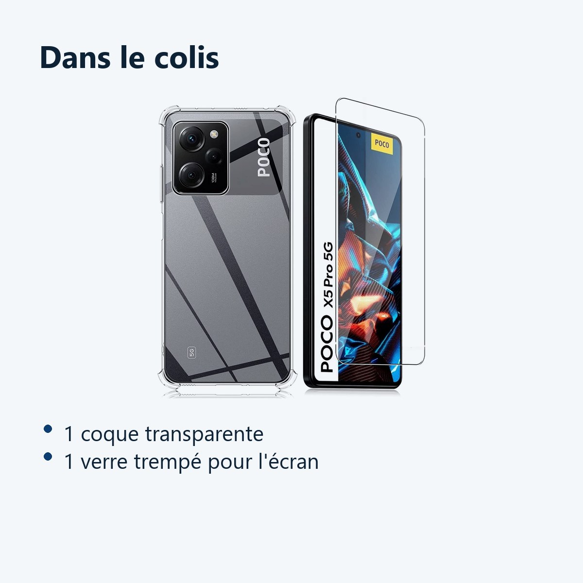 Contenu du colis – Coque Silicone Transparente Angles Renforces + Verre Trempe Pour Poco X5 Pro 5G