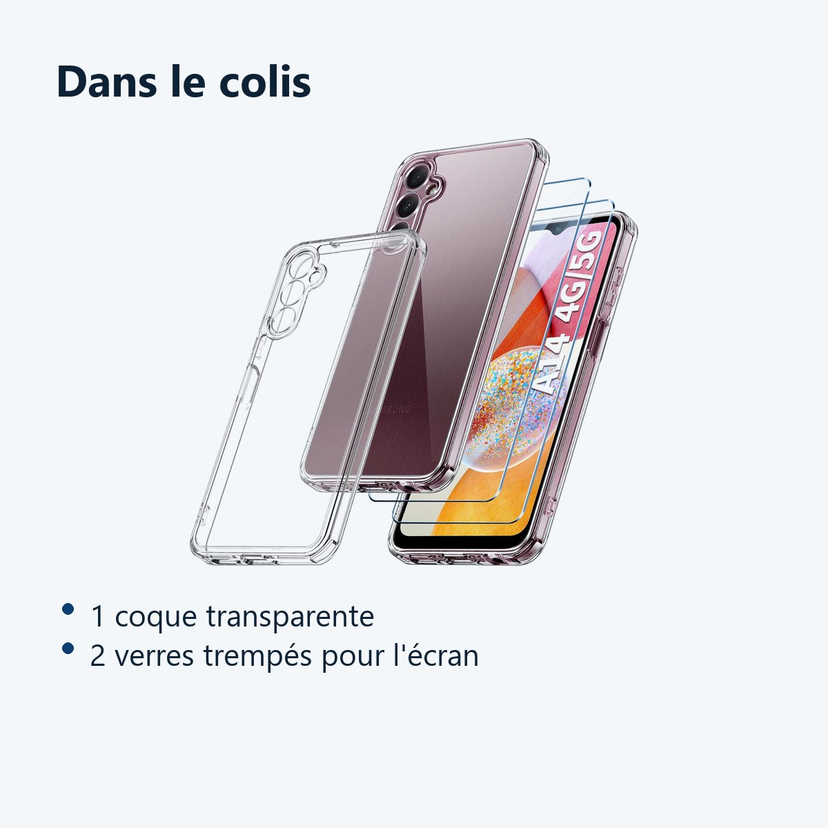 Contenu du colis – Coque Transparente pour Samsung Galaxy A14 4G/5G (6,6 pouces) et 2 Verres Trempé Film Protection Ecran