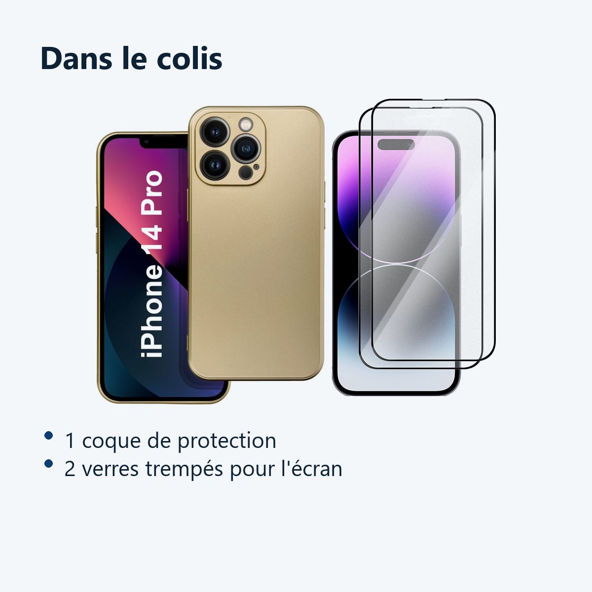 Contenu du colis – Coque Metal couleur Or + 2 Verres Trempes Pour iPhone 14 Pro