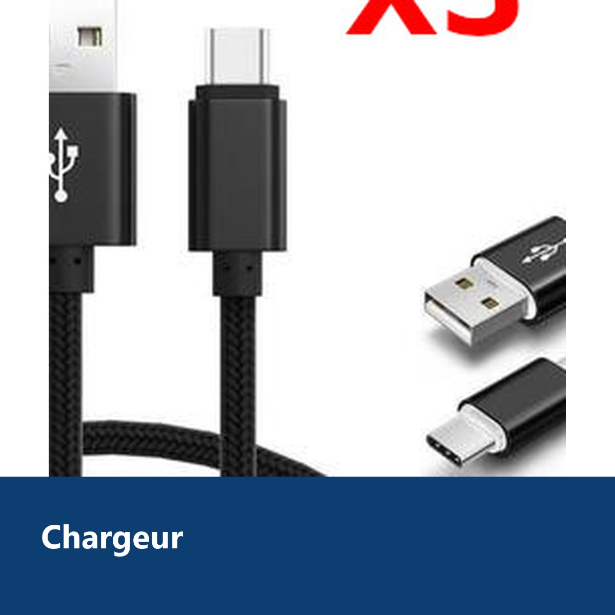 Vue de détail – X3 Câble Metal Nylon Renforcé Chargeur USB/Type C Longueur 2m Couleur Noir Compatible Samsung LG Sony Wiko Bl