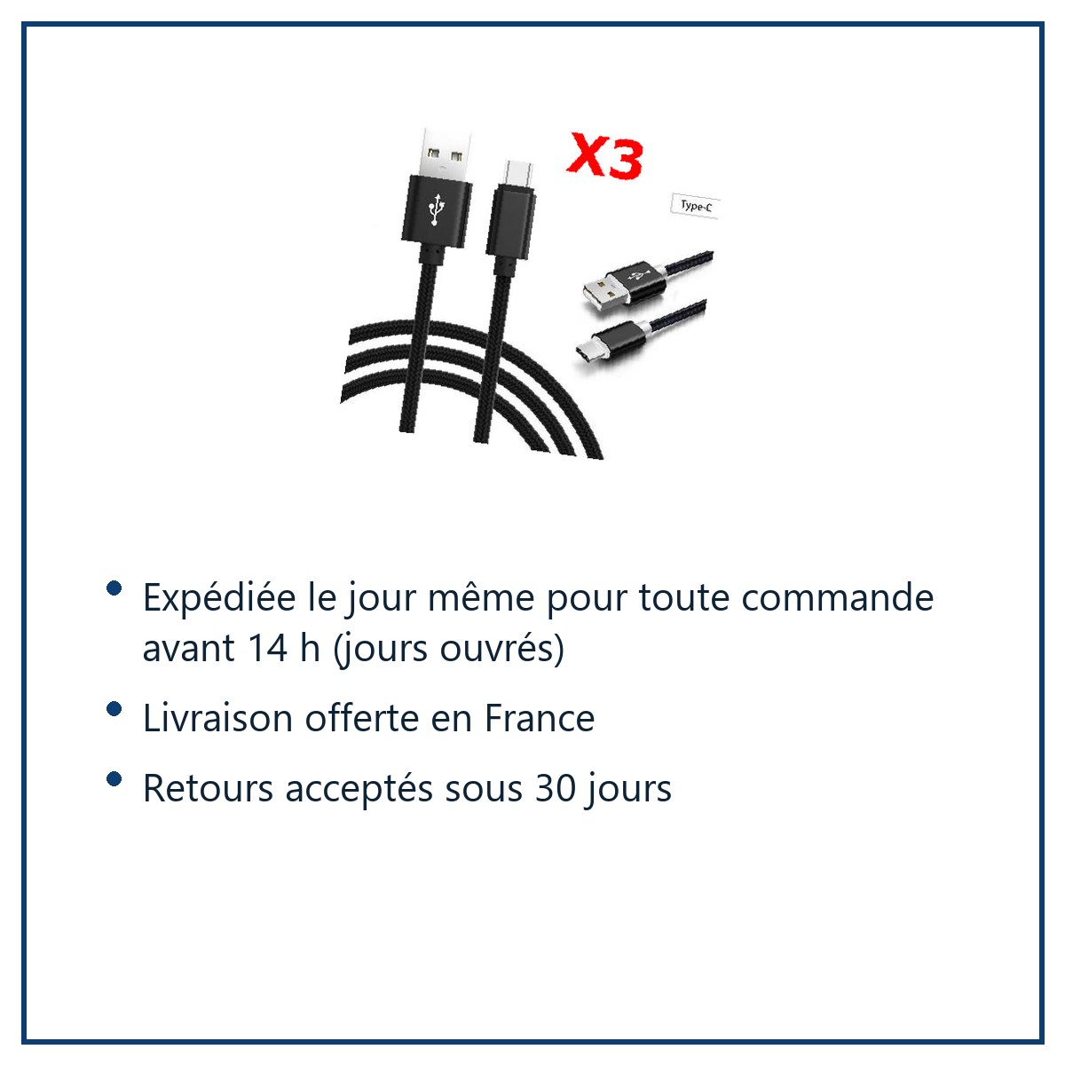 Expédition le jour même, livraison offerte, retours sous 30 jours – X3 Câble Metal Nylon Renforcé Chargeur USB/Type C Longueu