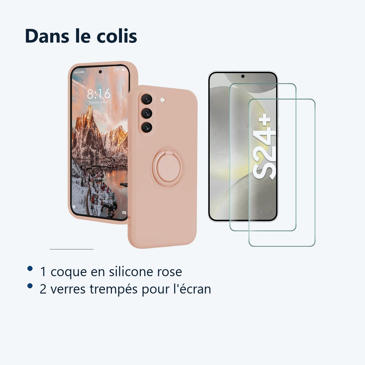 Contenu du colis – Coque Silicone Pour Samsung Galaxy S24 Plus Couleur Rose Avec Anneau Support + 2 Verres Trempe Protection