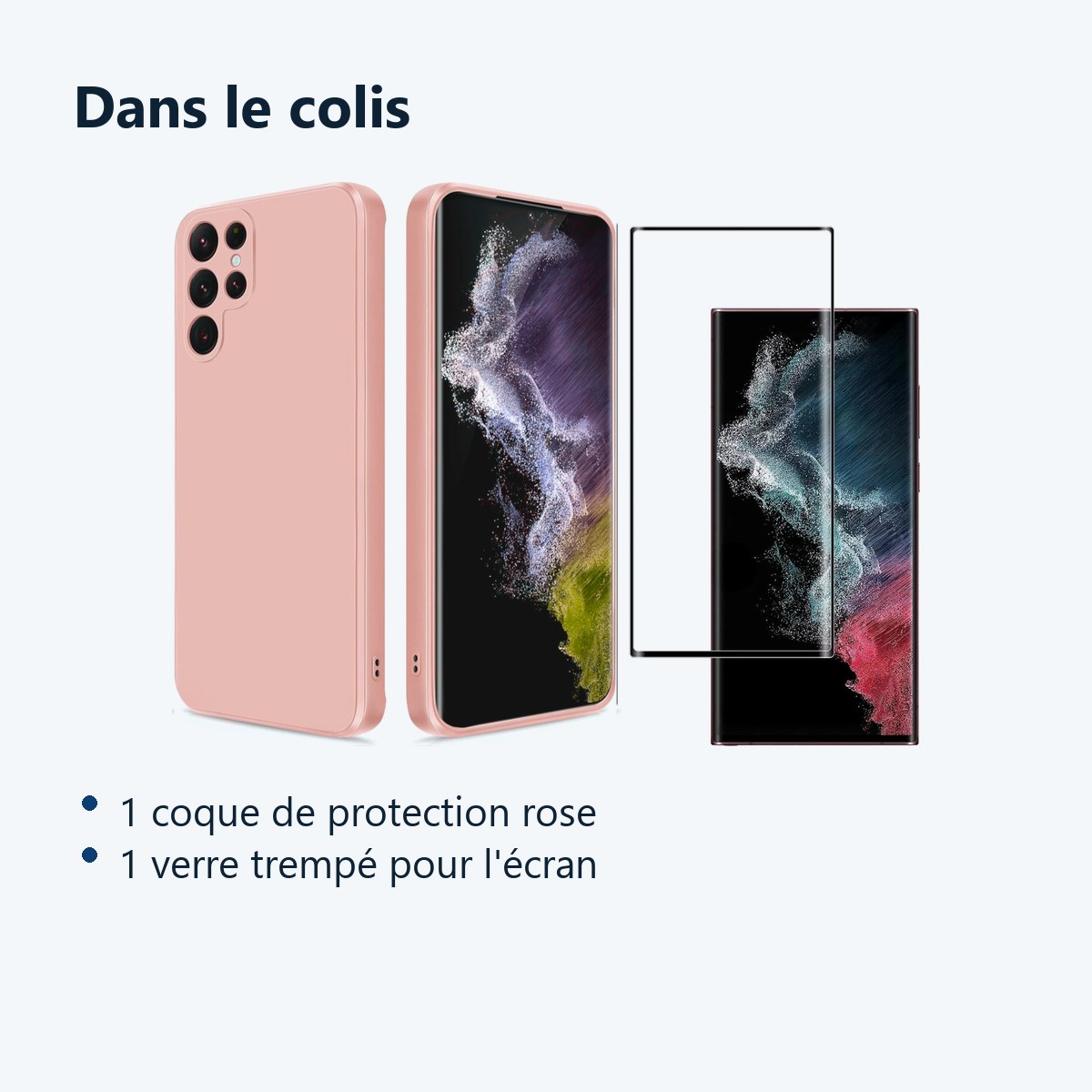Contenu du colis – Coque Rose pour Samsung Galaxy S22 Ultra (6,8 pouces) et Verre Trempé Film Protection Ecran