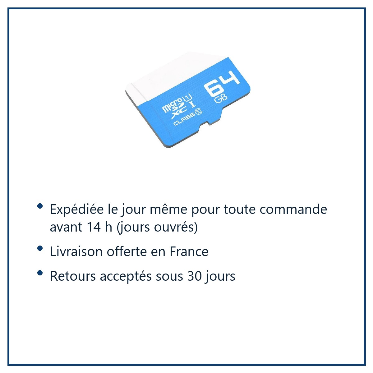 Expédition le jour même, livraison offerte, retours sous 30 jours – carte mémoire microSD TF High Speed Memory 64GO Class 10