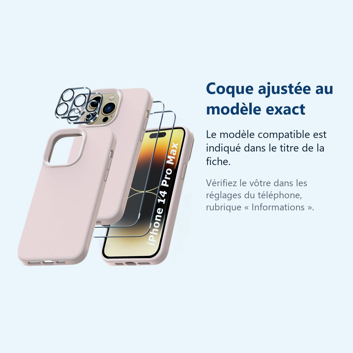 Accessoire ajusté au modèle exact – Coque Silicone Rose + Verres Trempes et Protections Camera Arriere X2 Pour iPhone 14 Pro