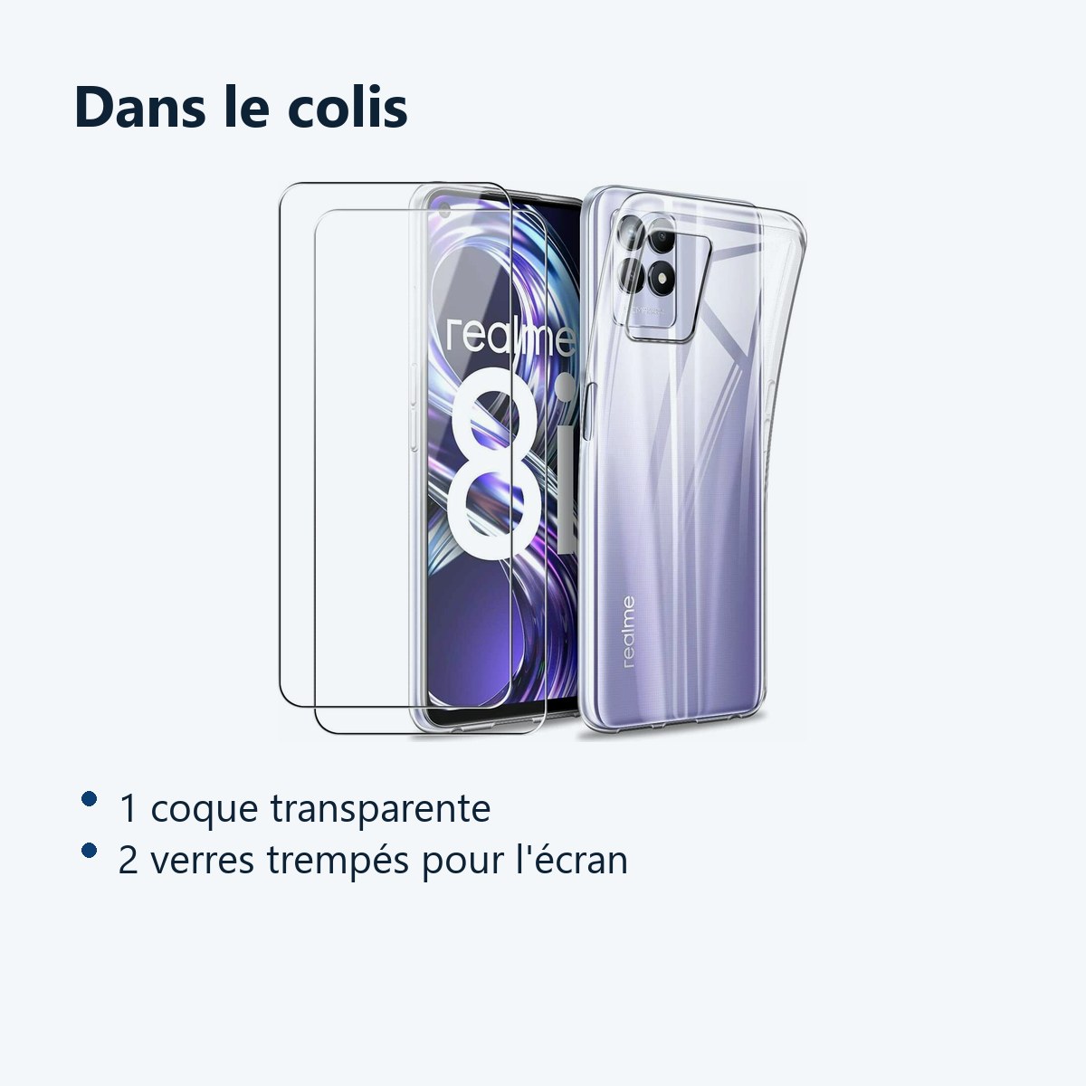 Contenu du colis – Coque Silicone Transparente + 2 Verres Trempes Pour Realme 8i