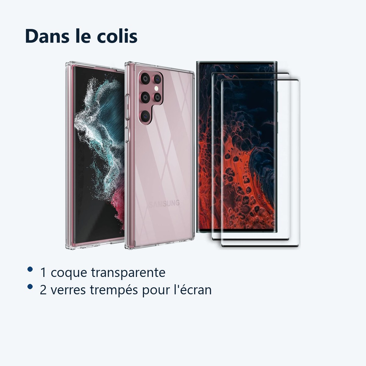 Contenu du colis – Coque Silicone Transparente + 2 Verres Trempes Pour Samsung Galaxy S22 Ultra 5G