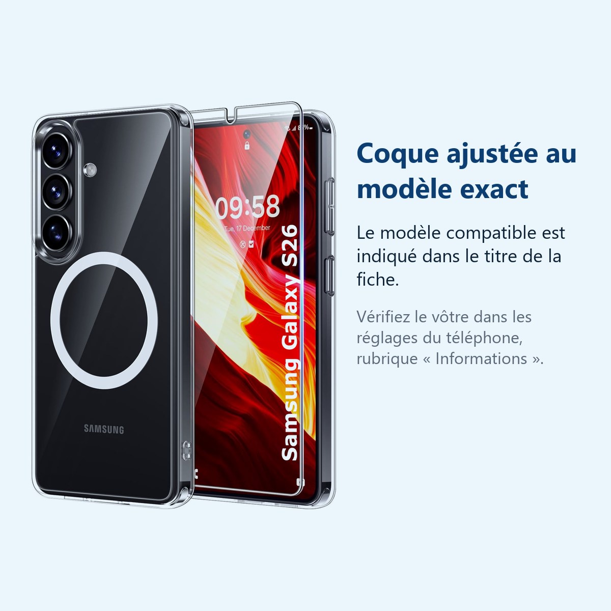 Accessoire ajusté au modèle exact – Coque Silicone Transparente Compatible Magsafe + Verre Trempe Pour Samsung Galaxy S26