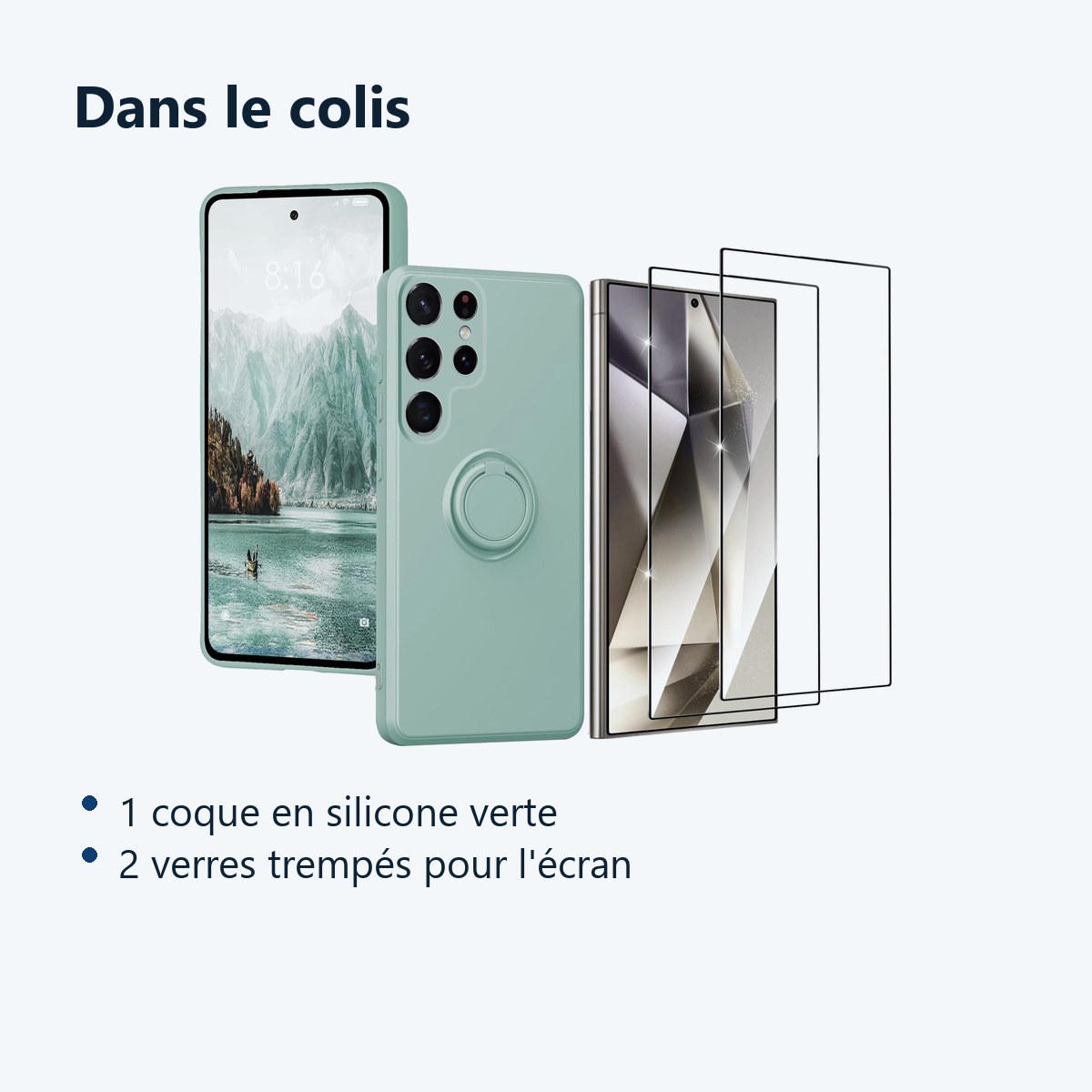 Contenu du colis – Coque Silicone Pour Samsung Galaxy S24 Ultra Couleur Vert Avec Anneau Support + 2 Verres Trempe Protection