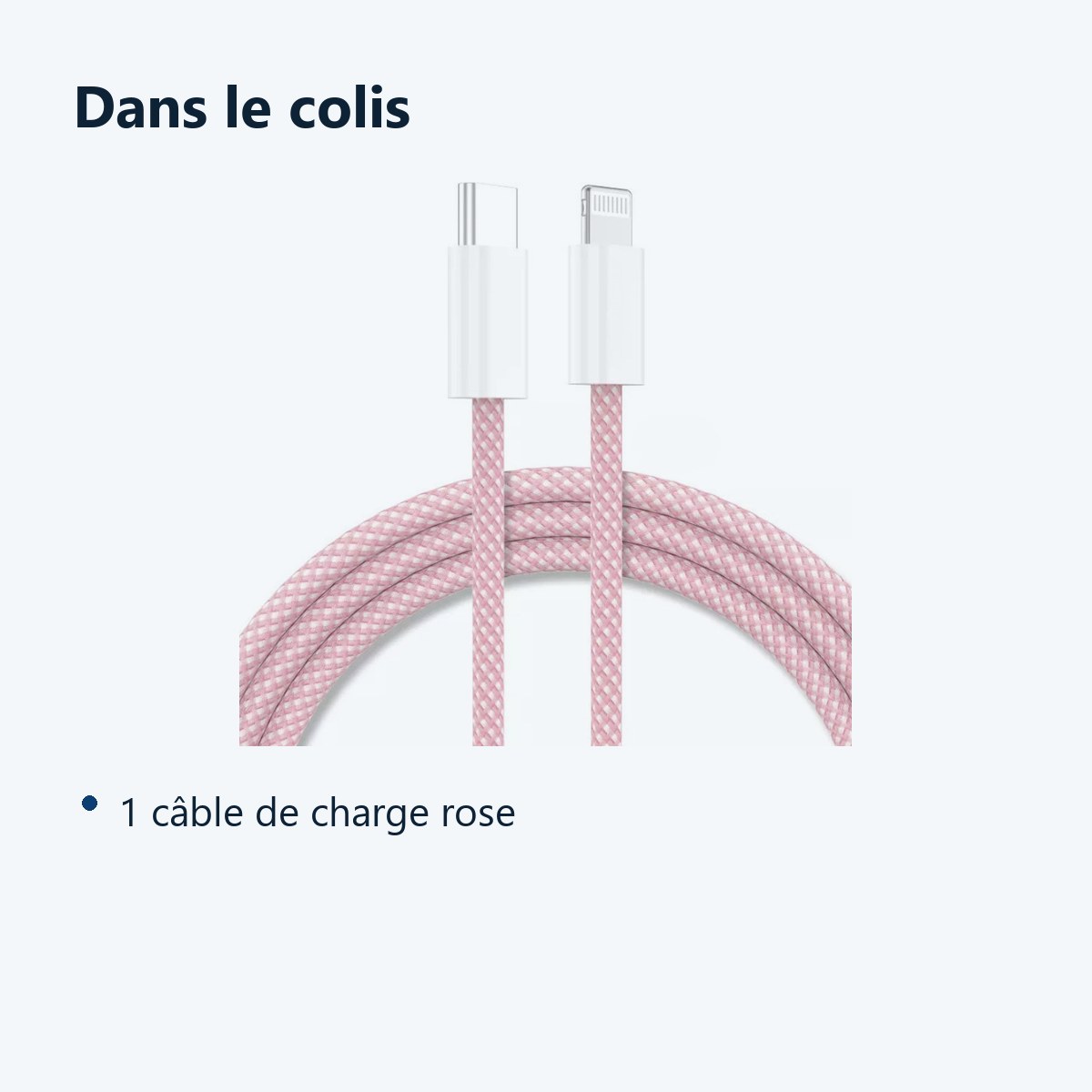 Contenu du colis – Cable Type-C Charge Rapide 3A Nylon Renforce Rose 2M Pour iPhone 8 / X / XR / 11 / 12 / 13 / SE 2022