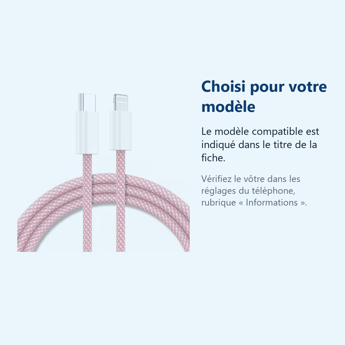 Accessoire ajusté au modèle exact – Cable Type-C Charge Rapide 3A Nylon Renforce Rose 2M Pour iPhone 8 / X / XR / 11 / 12 /
