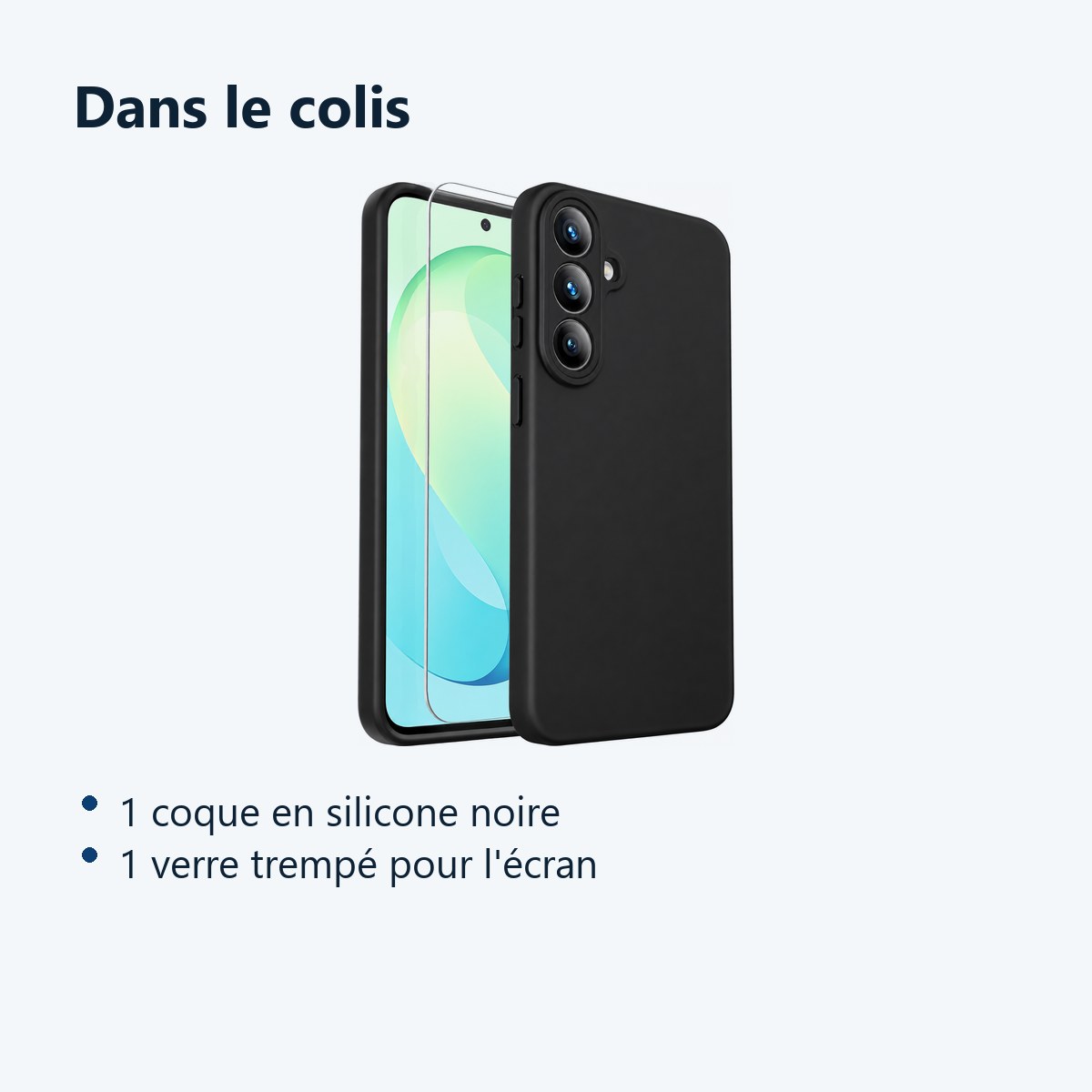 Contenu du colis – Coque Pour Samsung S26 FE Silicone Noir + Verre Trempe
