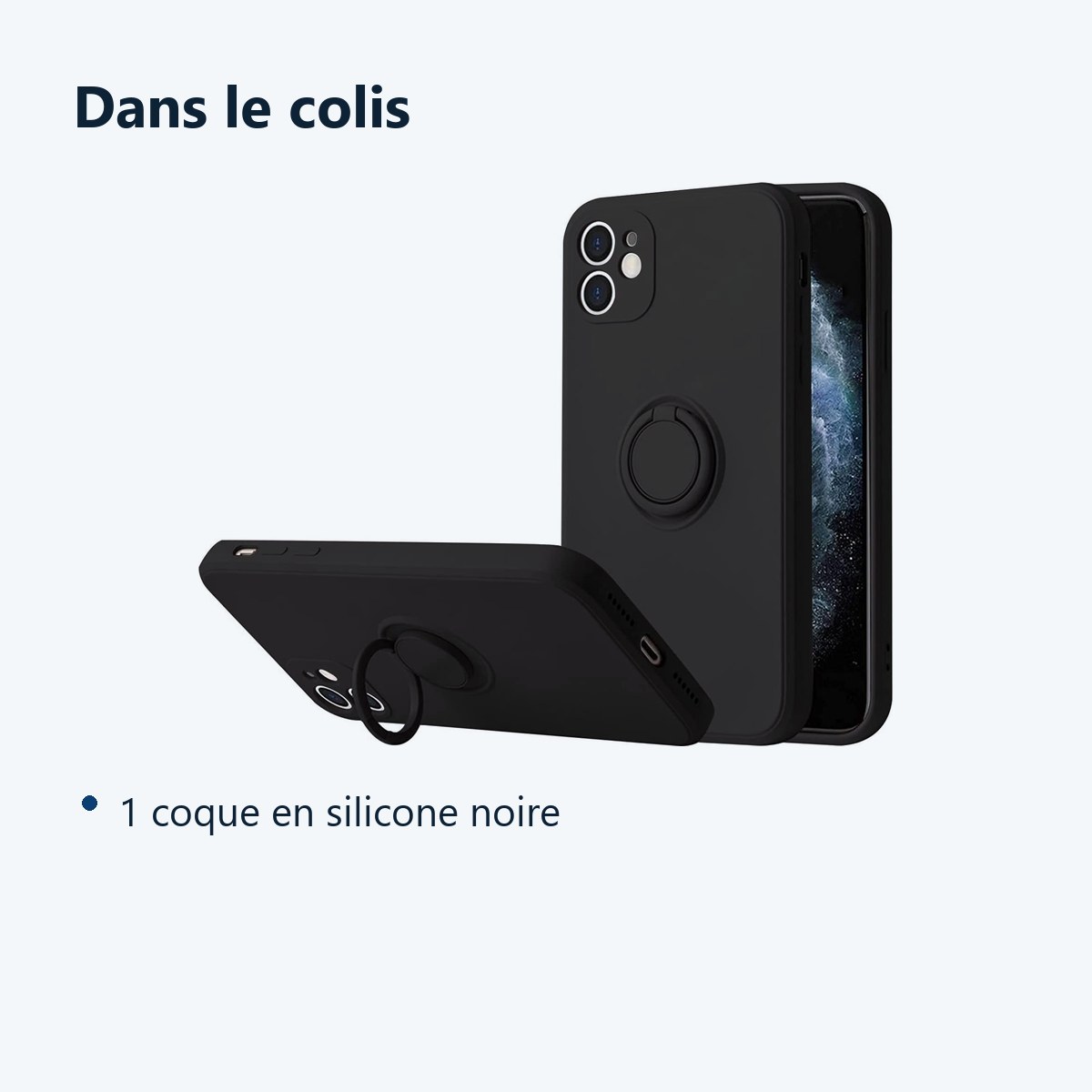 Contenu du colis – Coque Silicone Pour iPhone 13 Couleur Noir Avec Anneau Support