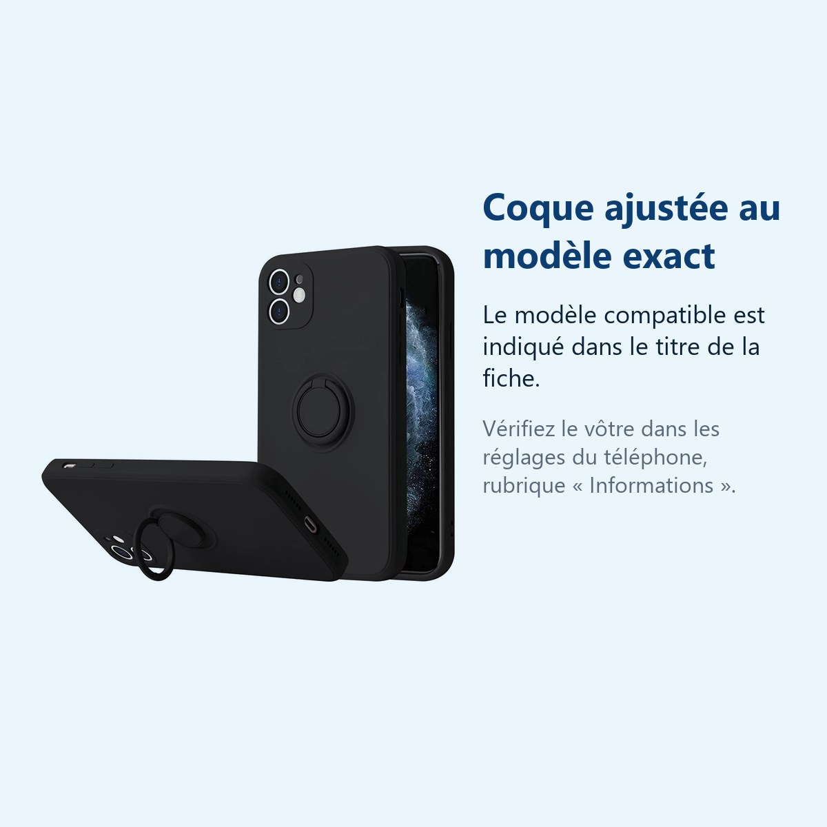 Accessoire ajusté au modèle exact – Coque Silicone Pour iPhone 13 Couleur Noir Avec Anneau Support