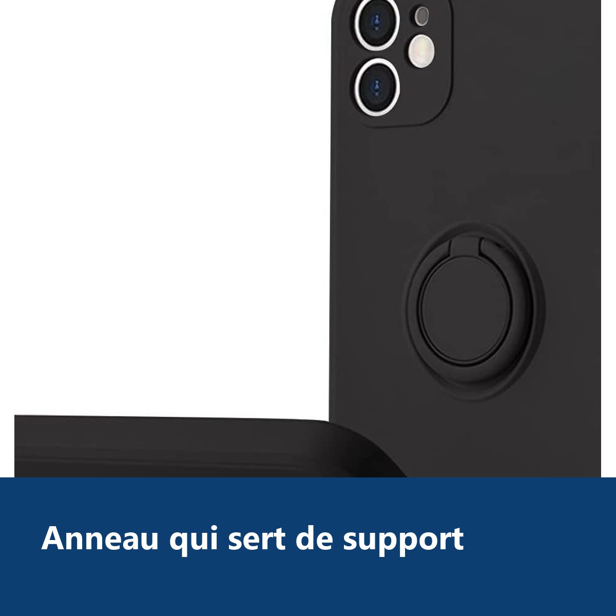 Vue de détail – Coque Silicone Pour iPhone 13 Couleur Noir Avec Anneau Support