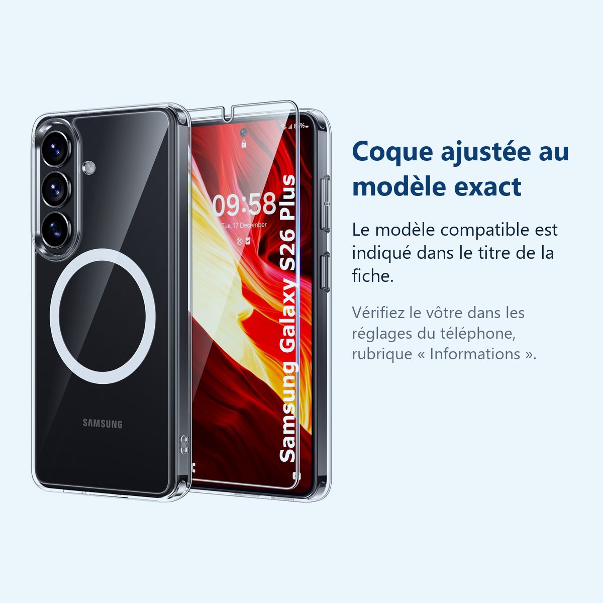 Accessoire ajusté au modèle exact – Coque Silicone Transparente Compatible Magsafe + Verre Trempe Pour Samsung Galaxy S26 Plu