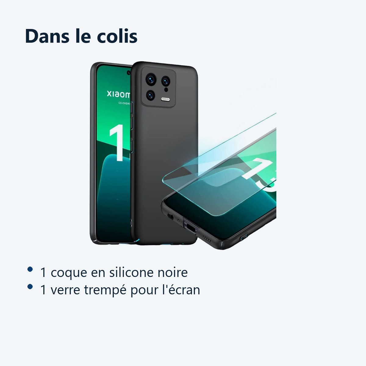 Contenu du colis – Coque Silicone Noir + Verre Trempe Pour Xiaomi 13