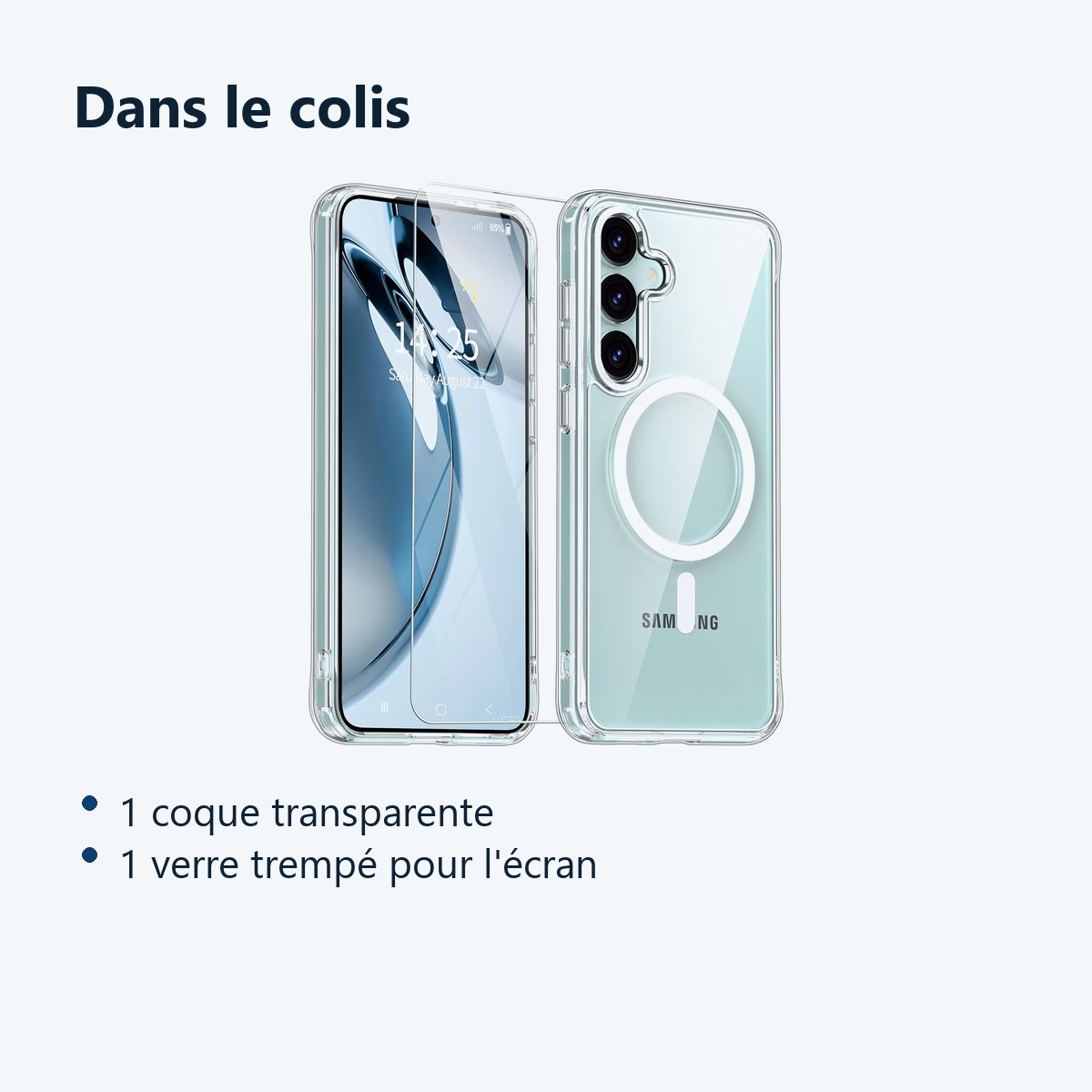 Contenu du colis – Coque Silicone Transparente Compatible Magsafe + Verre Trempe Pour Samsung Galaxy S25 Plus