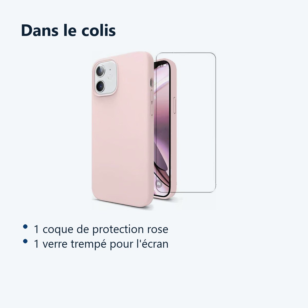 Contenu du colis – Coque Rose pour iPhone 12 Mini (5,4 pouces) et Verre Trempé Film Protection Ecran
