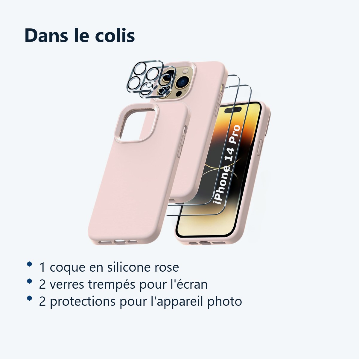 Contenu du colis – Coque Silicone Rose + Verres Trempes et Protections Camera Arriere X2 Pour iPhone 14 Pro