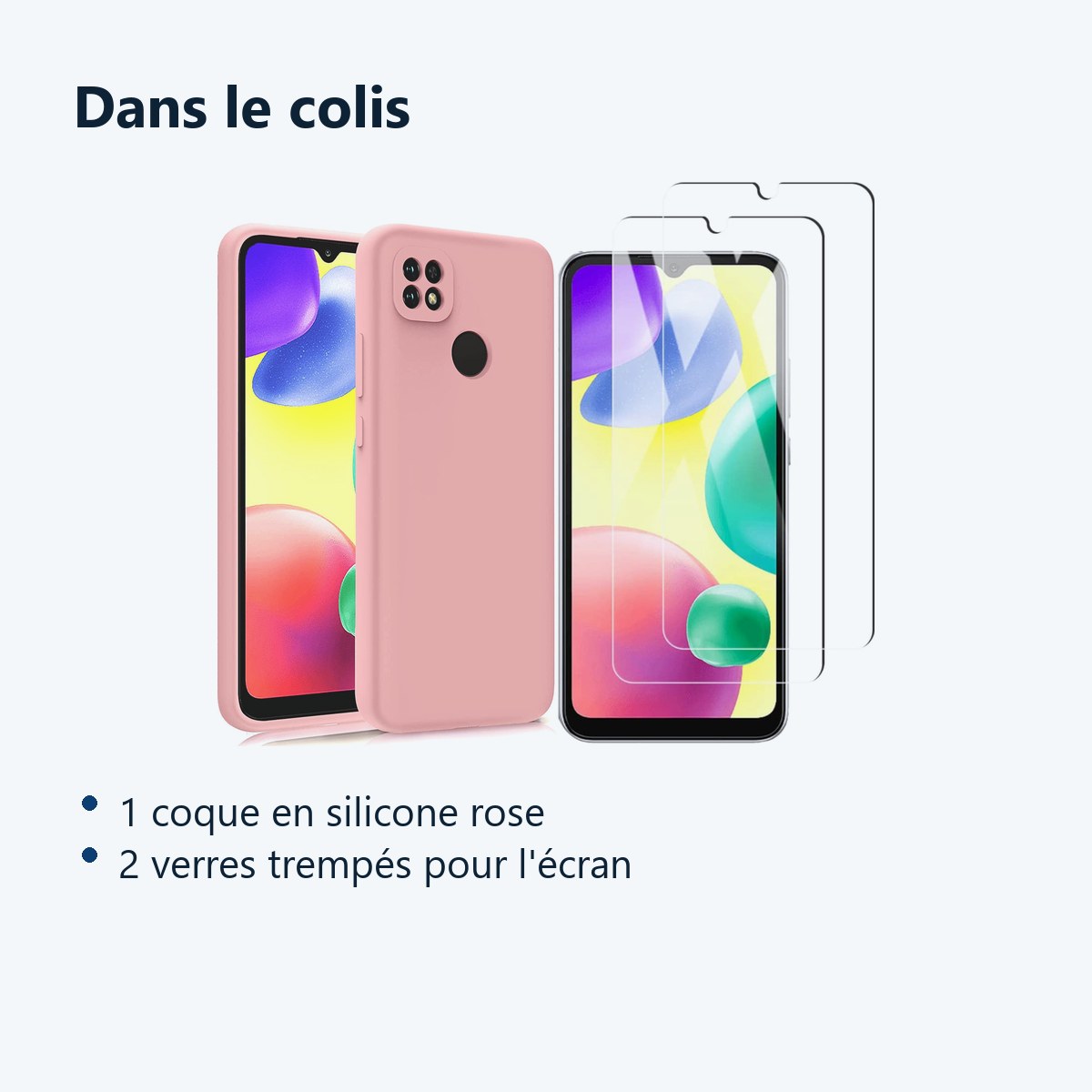 Contenu du colis – Coque Pour Xiaomi Redmi 10A Silicone Rose + 2 Verres Trempes