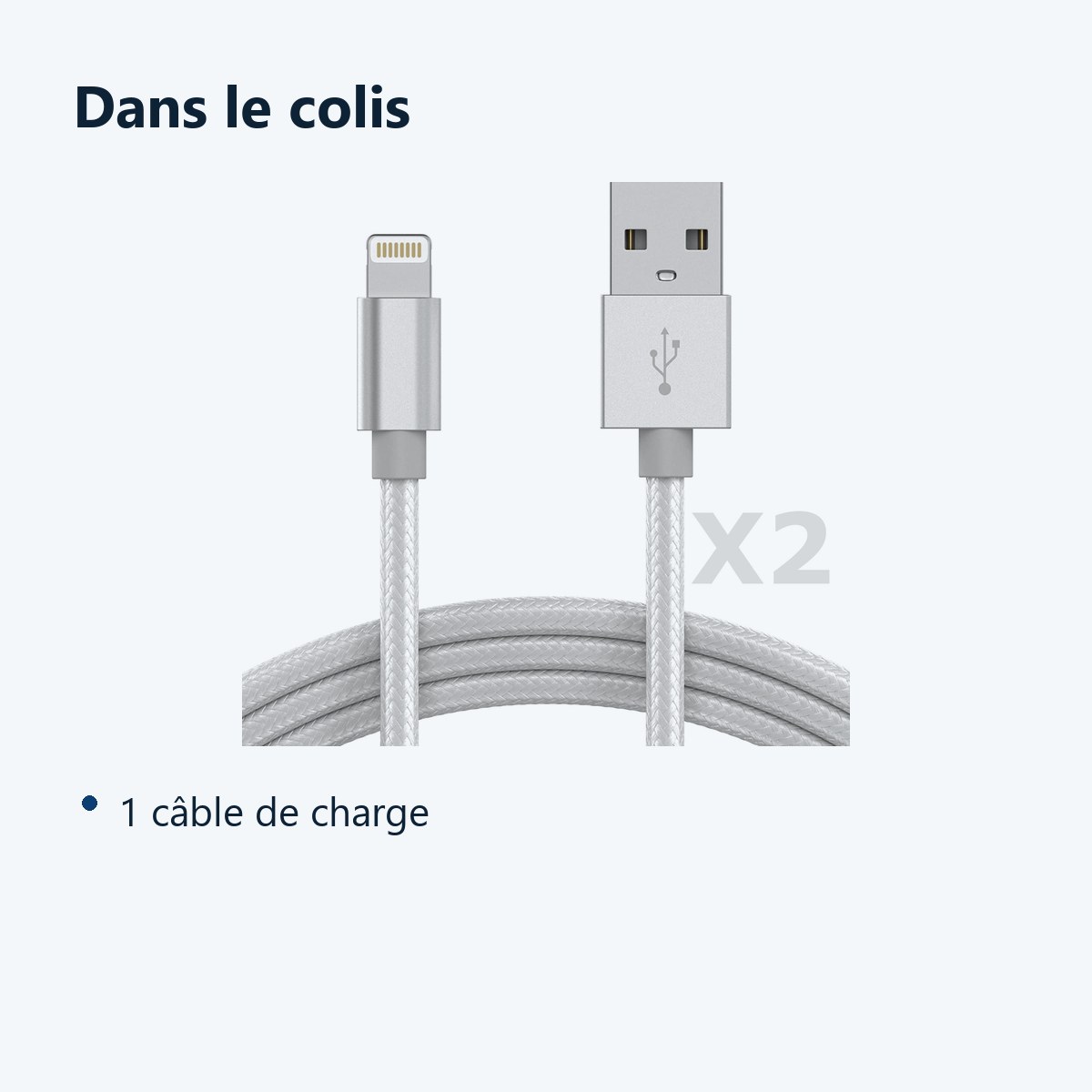 Contenu du colis – Cable Nylon Renforce Longeur 2M Couleur Argent X2 Pour iPhone SE 2020 / X / Xr / 11 / 12