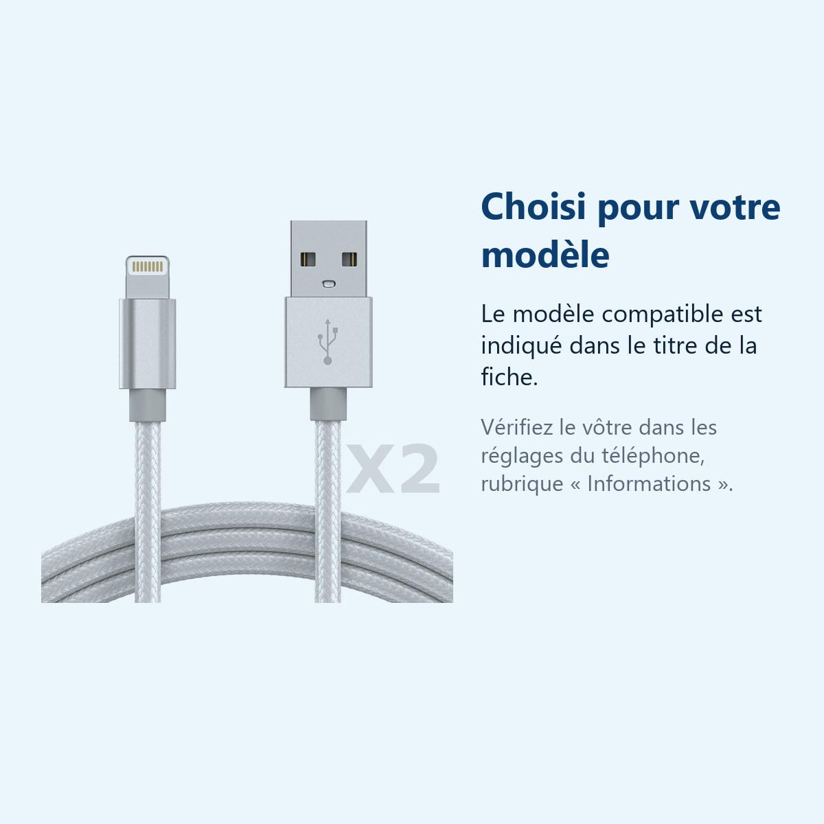 Accessoire ajusté au modèle exact – Cable Nylon Renforce Longeur 2M Couleur Argent X2 Pour iPhone SE 2020 / X / Xr / 11 / 12