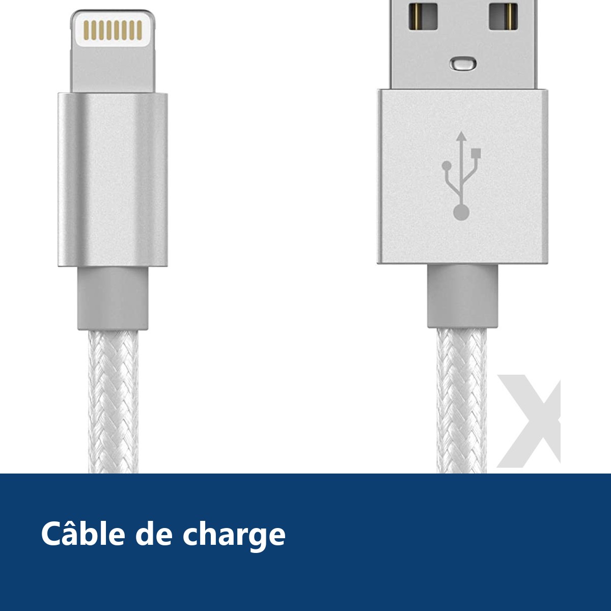Vue de détail – Cable Nylon Renforce Longeur 2M Couleur Argent X2 Pour iPhone SE 2020 / X / Xr / 11 / 12