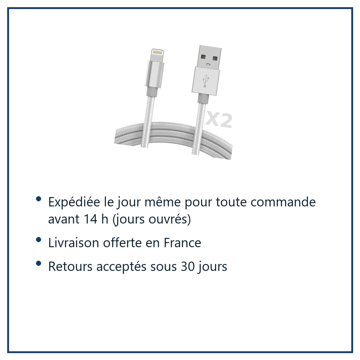 Expédition le jour même, livraison offerte, retours sous 30 jours – Cable Nylon Renforce Longeur 2M Couleur Argent X2 Pour iP