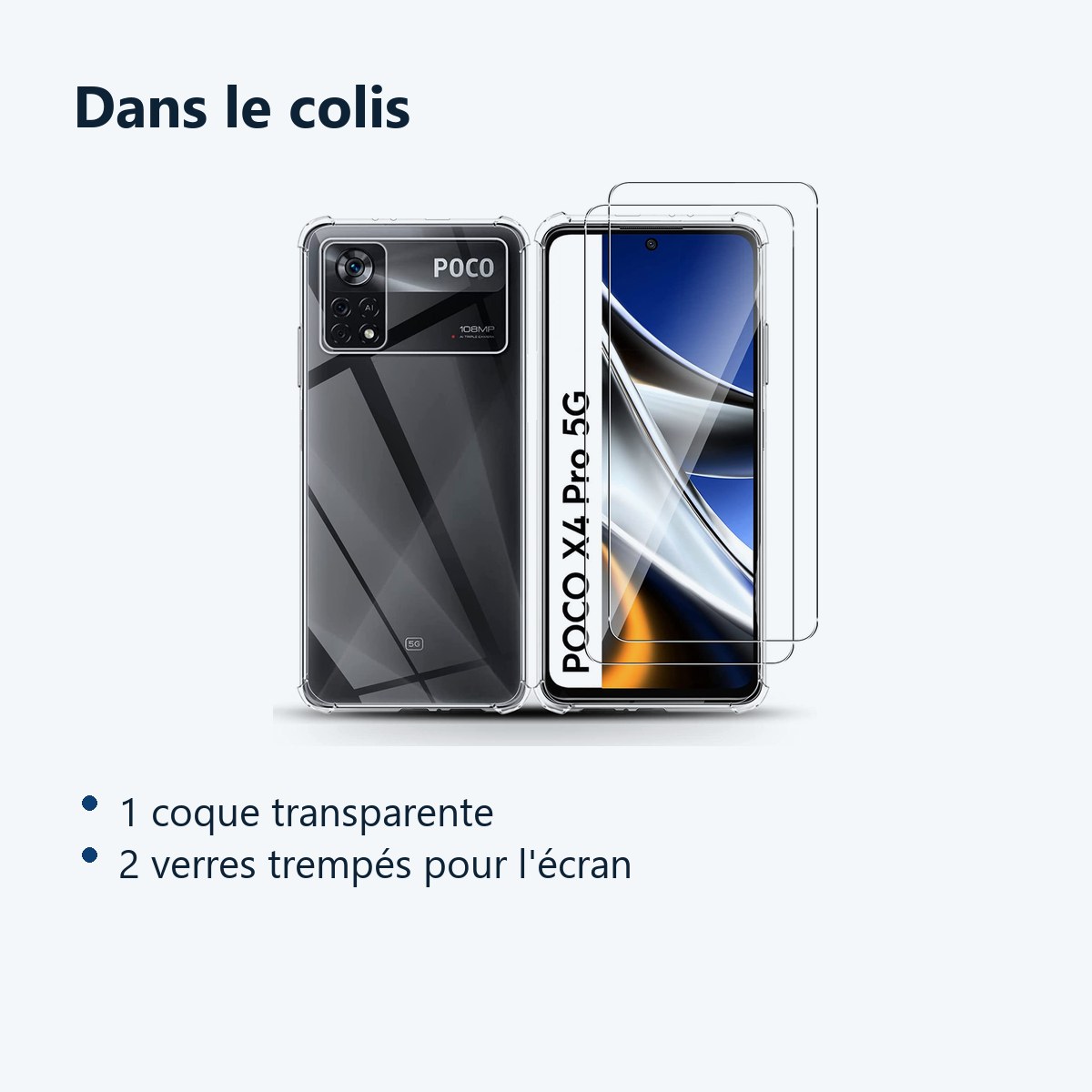 Contenu du colis – Coque Silicone Transparente Angles Renforces + 2 Verres Trempes Pour Poco X4 Pro 5G