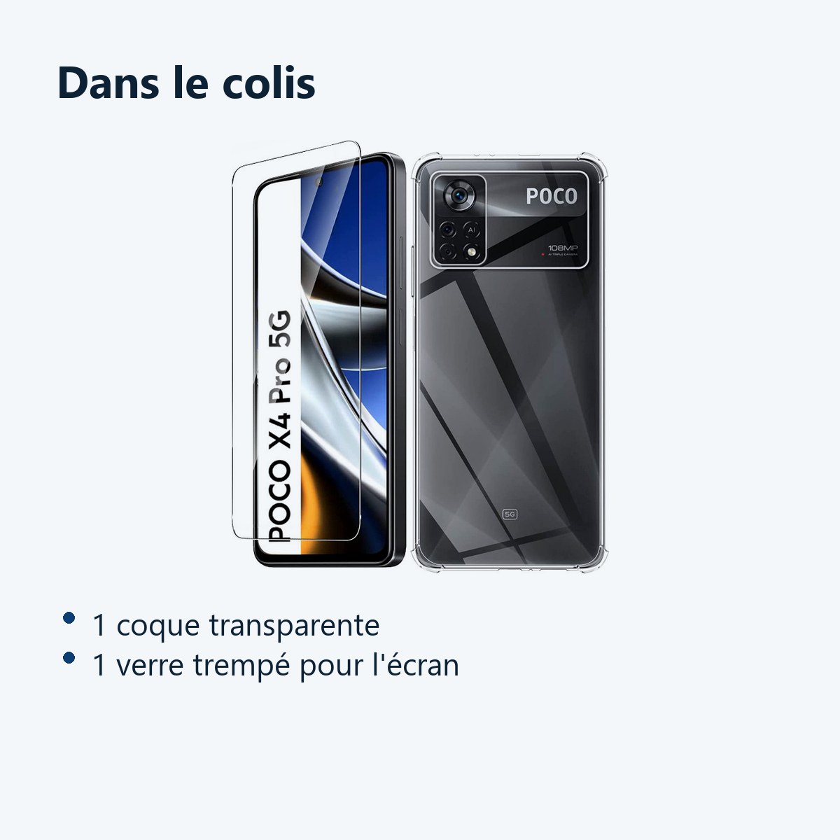 Contenu du colis – Coque Silicone Transparente Angles Renforces + Verre Trempe Pour Poco X4 Pro 5G