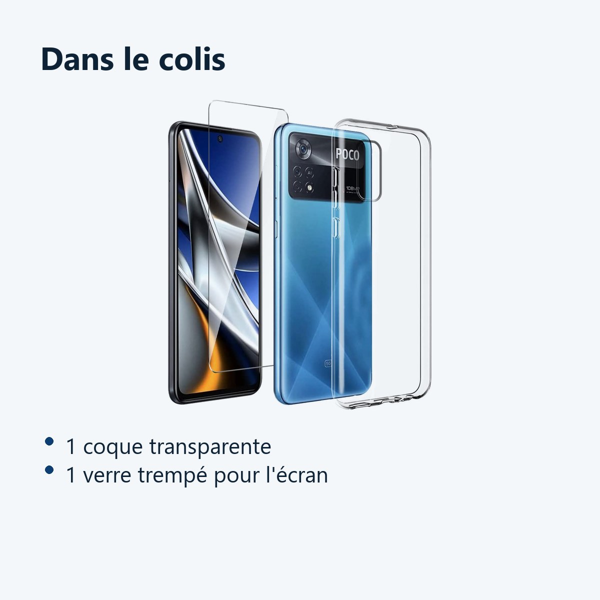 Contenu du colis – Coque Silicone Transparente + Verre Trempe Pour Poco X4 Pro 5G