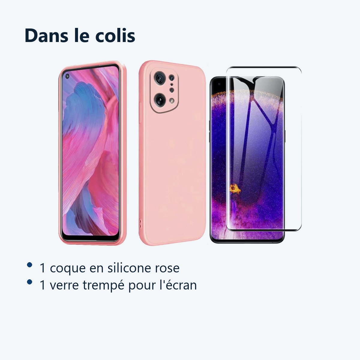 Contenu du colis – Coque Silicone Rose + Verre Trempe Pour Oppo Find X5 Pro